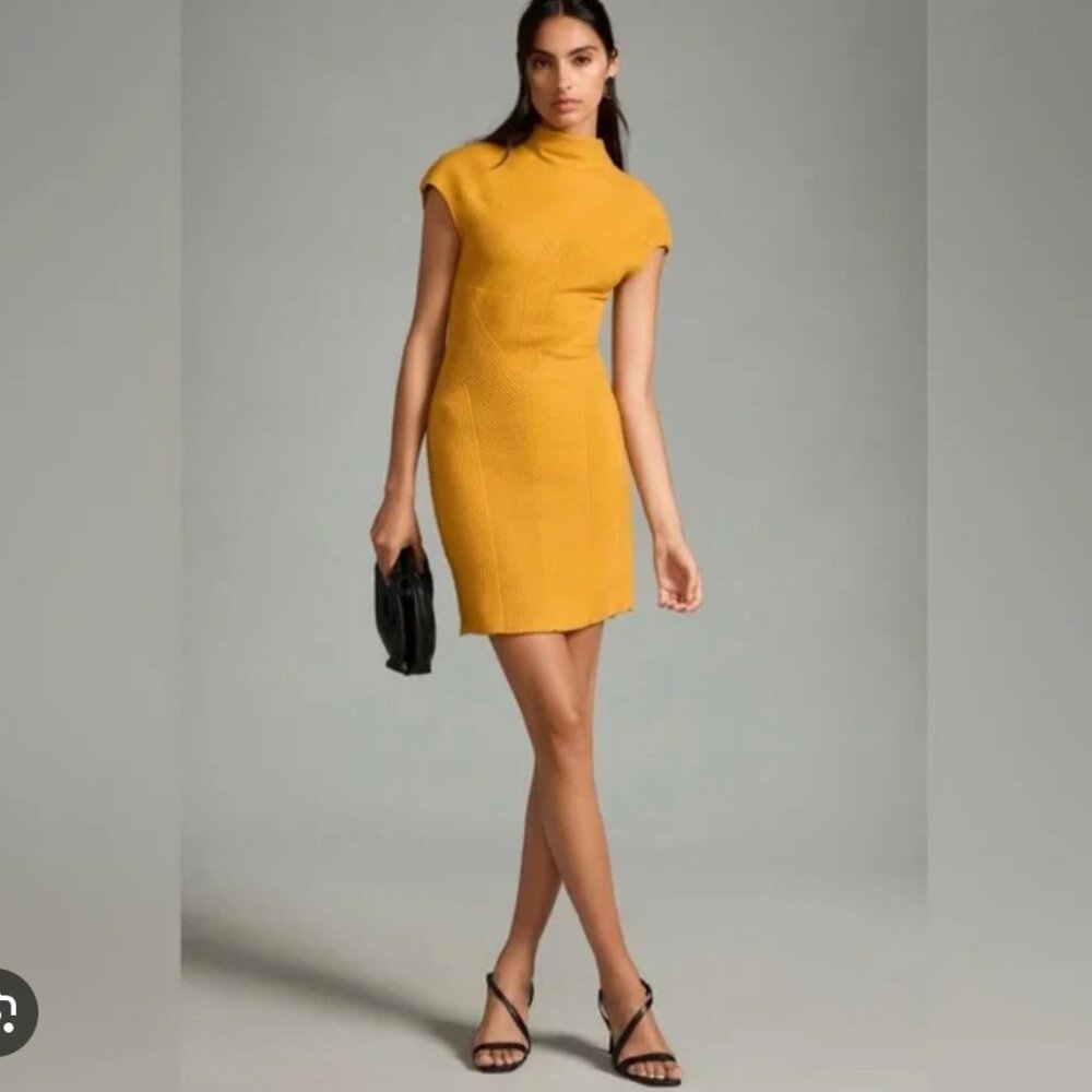 Anthropologie Short-Sleeve Mock-Neck Sweater Dress in dark yellow, size XL NWT